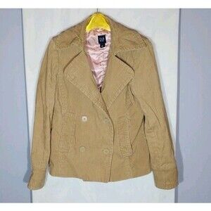 Vintage GAP Corduroy Pea Coat Blazer Tan Double Breasted Pink Lined Womens M